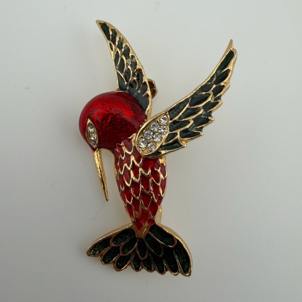 Red Green Hummingbird Brooch Enamel Rhinestone Bird Pin